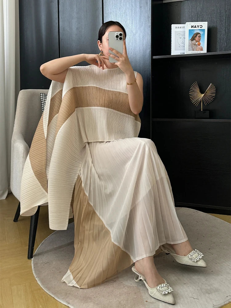 Miyake Pleated Two Piece Skirt Sets Women Sleeveless Irregular T-shirt Long Contrasting Color Skirt