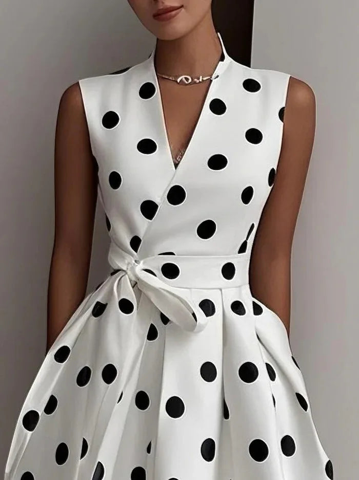 Summer Dresses for Women Sleeveless Retro Hepburn Polka Dot V-Neck Black White Pin Up Party Rope Big Swing Vestidos