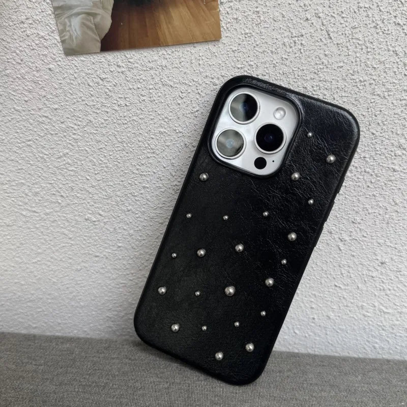 Chic iPhone case 17 16 15 14 Pro Max 17Air Case Fashion Advanced Black Leather Stereoscopic Small Round Bead Rivet Phone Cover