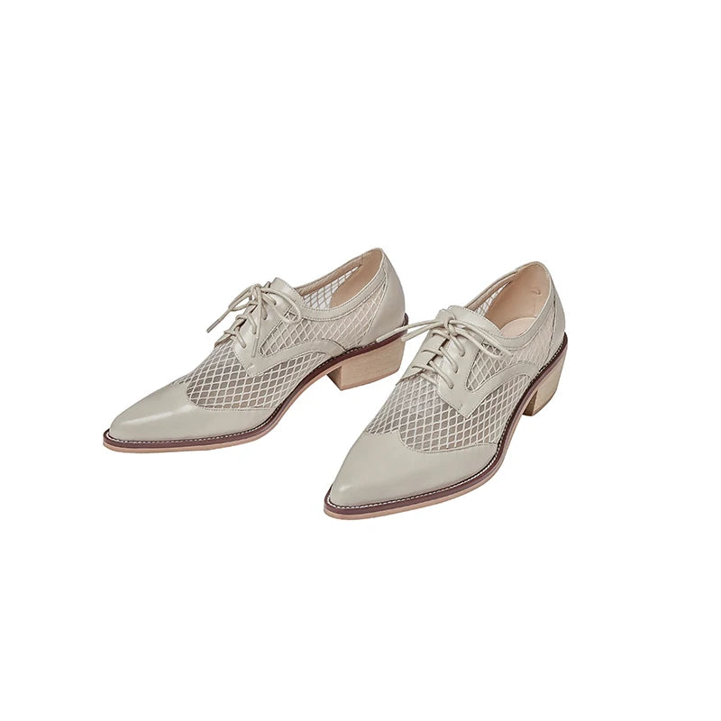 Spring Summer Genuine Leather Mesh Pumps Women Pointed Toe Lace Up Med Thick Heels Breathable Office Ladies Shoes 2025