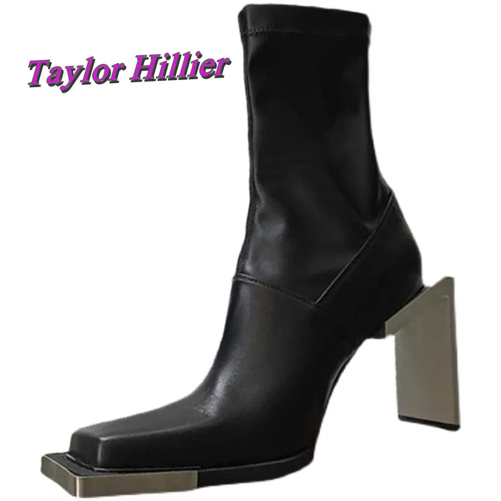 Black Strange Style Ankle Boots Patchwork Square Toe High Heels Cool Girls 2025 Solid Luxury Autumn Winter Women Fashion Shoes