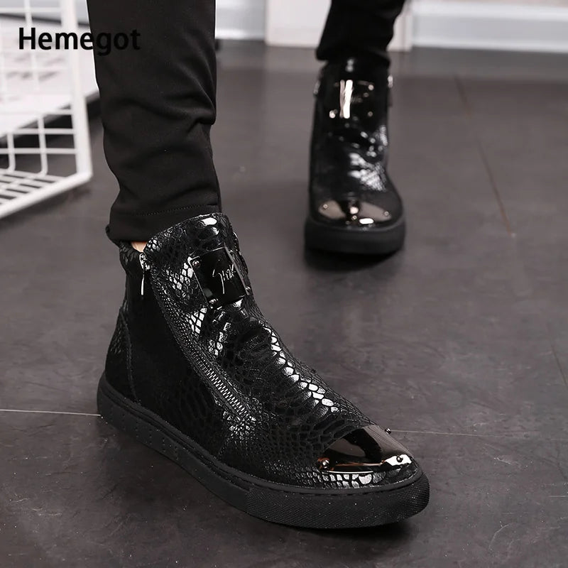 High-Top Leather Shoes Side Zipper Breathable Heightening Casual Shoes Men's Leather British Men's Fashion Boots Men's Boots