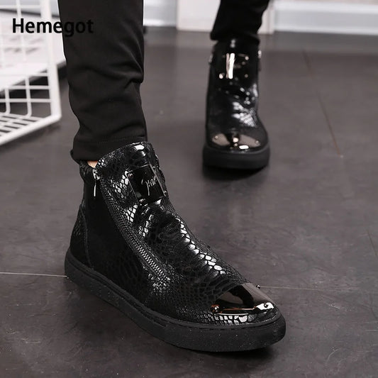 High-Top Leather Shoes Side Zipper Breathable Heightening Casual Shoes Men's Leather British Men's Fashion Boots Men's Boots