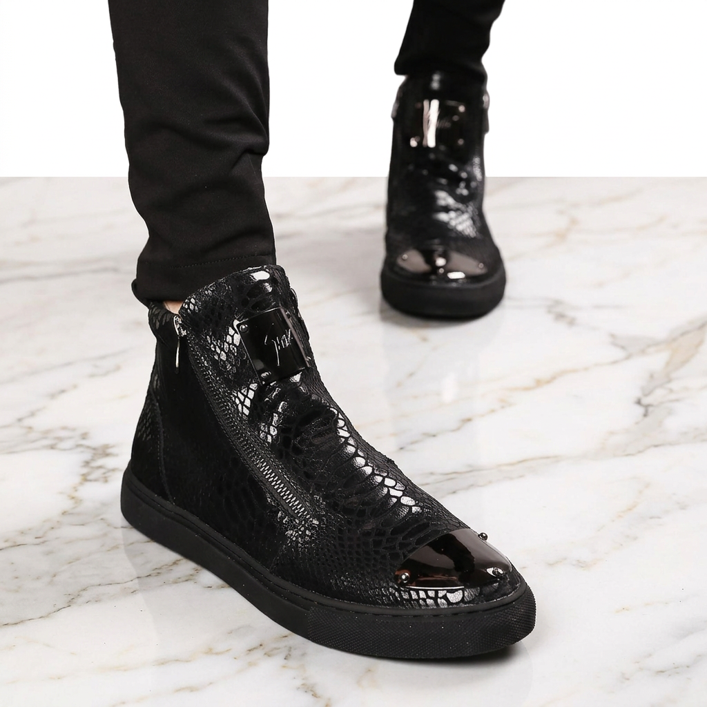 High-Top Leather Shoes Side Zipper Breathable Heightening Casual Shoes Men's Leather British Men's Fashion Boots Men's Boots
