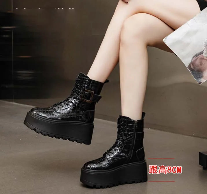 Fujin 8cm New Women Combat Boots Ankle Booties Platform Sneakers Spring Autumn Warm Fur Winter Genuine Leather Women Shoes Boot