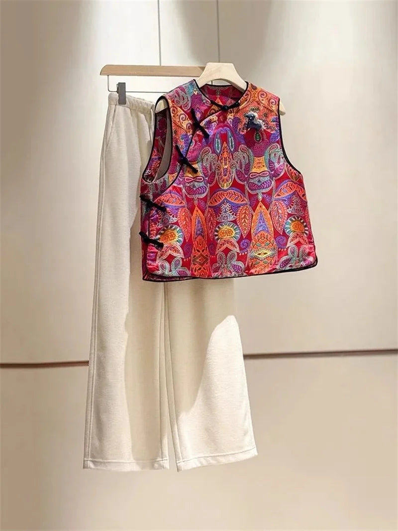 New Chinese High-end red Chic Vest Jacket Women's Spring Classic Buckle Vest Round Neck Buckle Tang Suit Jacket Sleeveless Coat