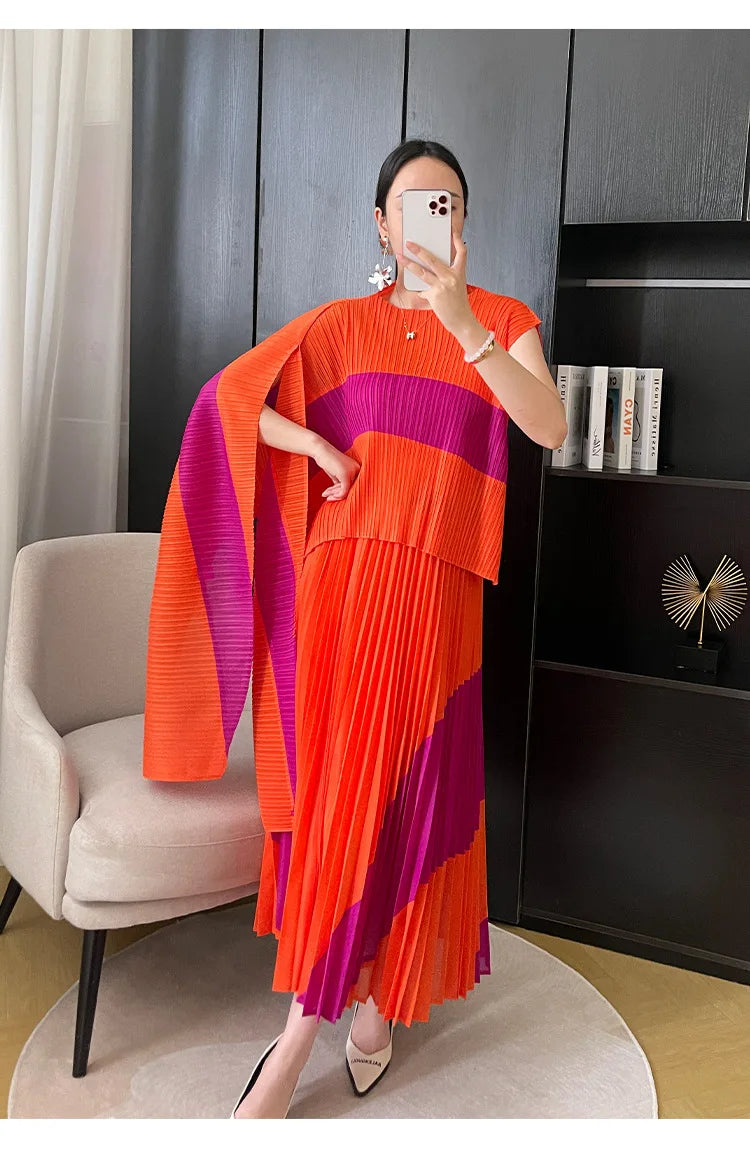 Miyake Pleated Two Piece Skirt Sets Women Sleeveless Irregular T-shirt Long Contrasting Color Skirt