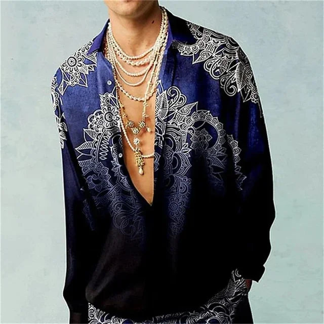 Casual Simple Long Sleeve Shirt Men's Fall Men's Shirt Long Sleeve Men's Ethnic Style Graphic 3d Print Holiday Button Men's Shir