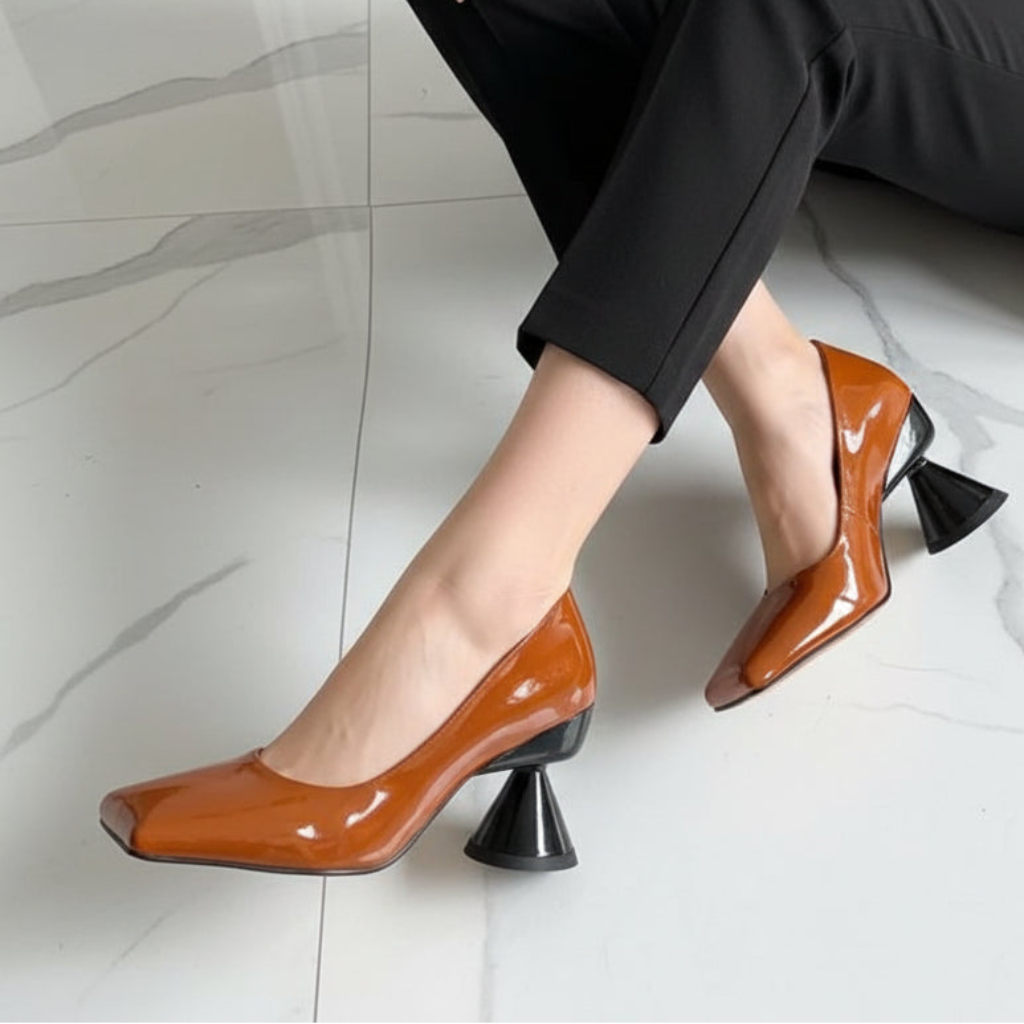 Stylish Patent Sheepskin Leather Pumps Women Shallow Med Strange Heels Party Dating Shoes Female Dress Pumps