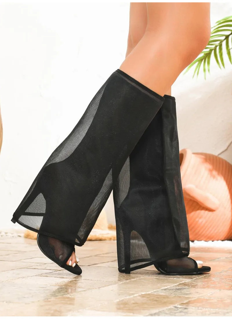 2026 Spring Summer Sexy Peep toe Mesh Women Knee High Boots Fashion 11cm High heels Detachable Zipper Nightclub Boots Shoes