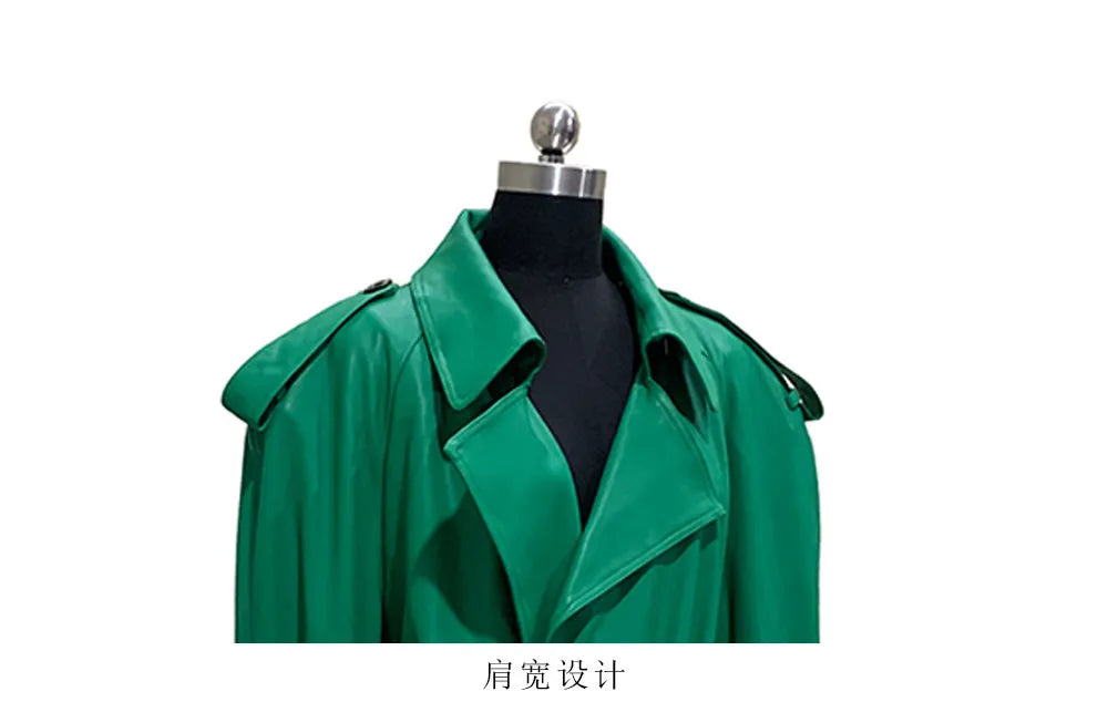 Nerazzurri Autumn Extra Long Soft Green Oversized Pu Leather Trench Coat for Women Shoulder Pads Belt Double Breasted Overcoat