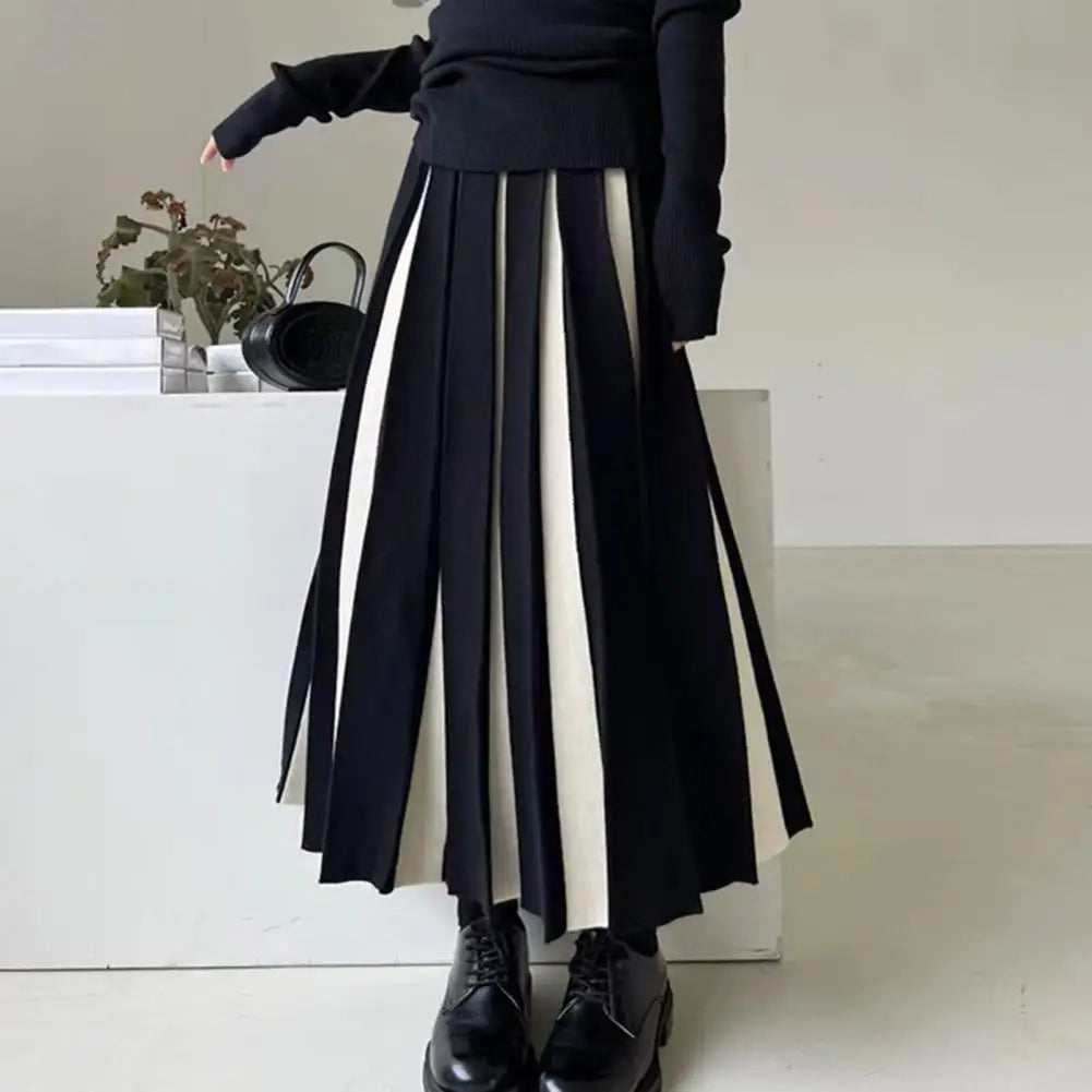 Women Midi Skirt High Waist Patchwork Color Pleated Skirt Ladies Autumn Knitting Skirt Women Versatile Comfortable Daily Wear