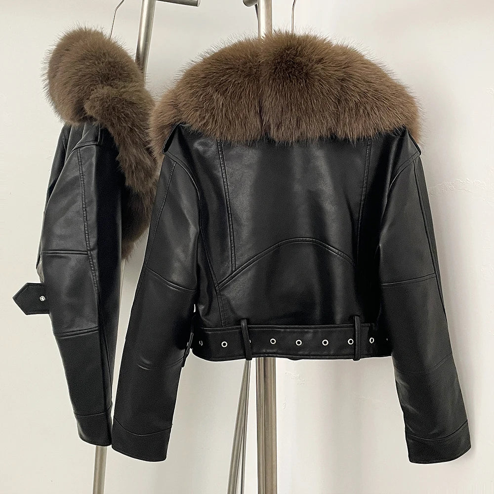 Faux Fur Coat  Female Autumn Faux Leather Jacket Short Clothing Long Sleeve Spring New PU Fur Jacket Artificial Women Pockets