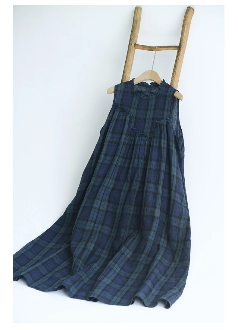 Summer 2026 Large Size Cotton Linen Plaid Vest Skirt Long Svel Dr Chest Splicing Wooden  Ear A-Line Dr