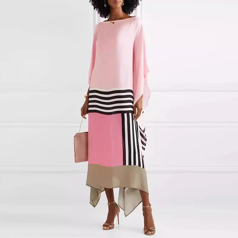 Candy Stripe Print Patchwork Kaftan Dresses Women’s Spring Round Neck Irregular Long Dress Summer Batwing Sleeve Boho Maxi Dress