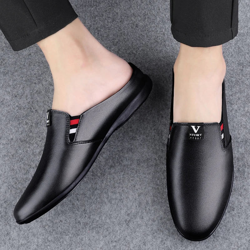 Men's Leather Black Half Leather Shoes Fashion Non-slip Half Trailer Men Sandals Moccasin Breathable Soft Flats Men Driving Shoe