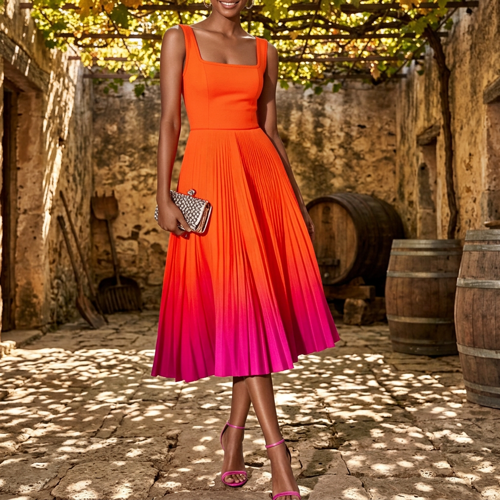 Square Neck Wide Strap Fitted Bodice Gradient Pleated Flared Midi Dress  A Line Elegant Cocktail Party Knee Length Gown