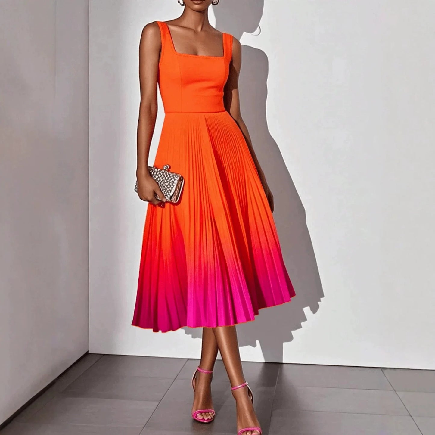Square Neck Wide Strap Fitted Bodice Gradient Pleated Flared Midi Dress  A Line Elegant Cocktail Party Knee Length Gown