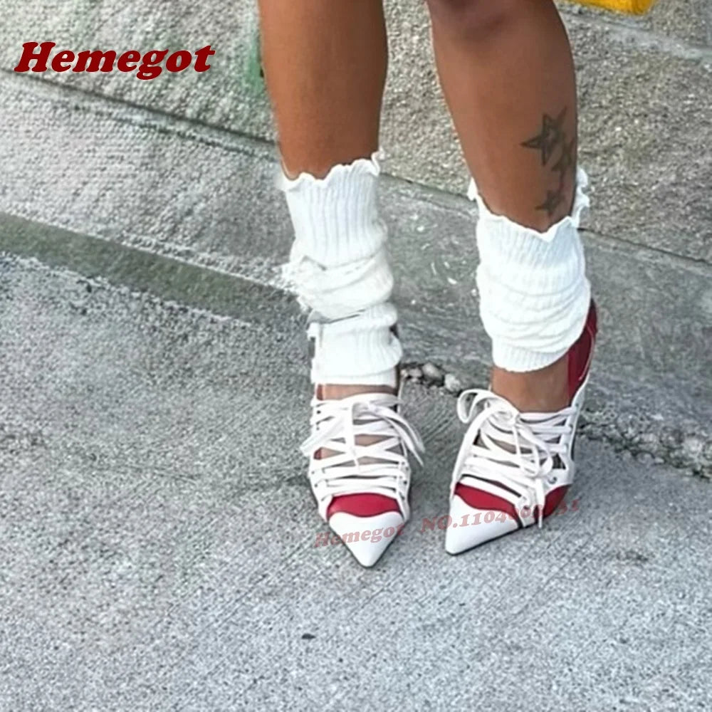 Patchwork Cross Tied Shallow Pumps Pointy Toe Lace-Up Stiletto Heels Pumps for Women 2025 Newest Splicing Runway Street Shoes