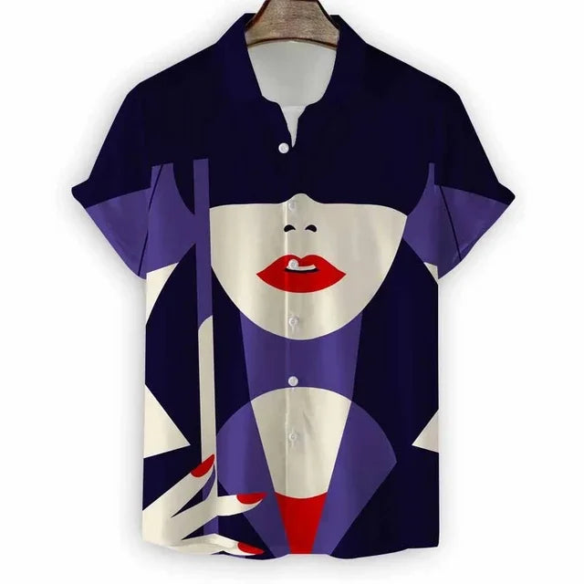 2024 New Beach Modern Girls Print Men's Shirt Casual Fashion Shirt Button Lapel Streetwear Oversized Men's Short Sleeve Shirt
