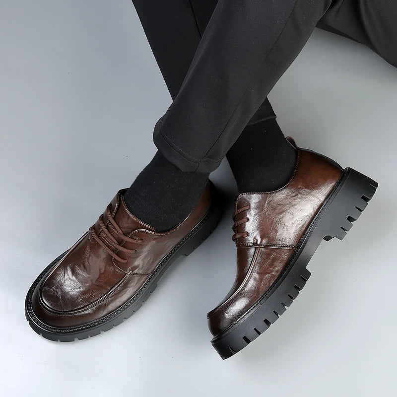 Men's Fashion Genuine Leather British Style Thick Bottom Work Shoes Classic Lace Up Comfortable Anti Slip Big Head Leather Shoes
