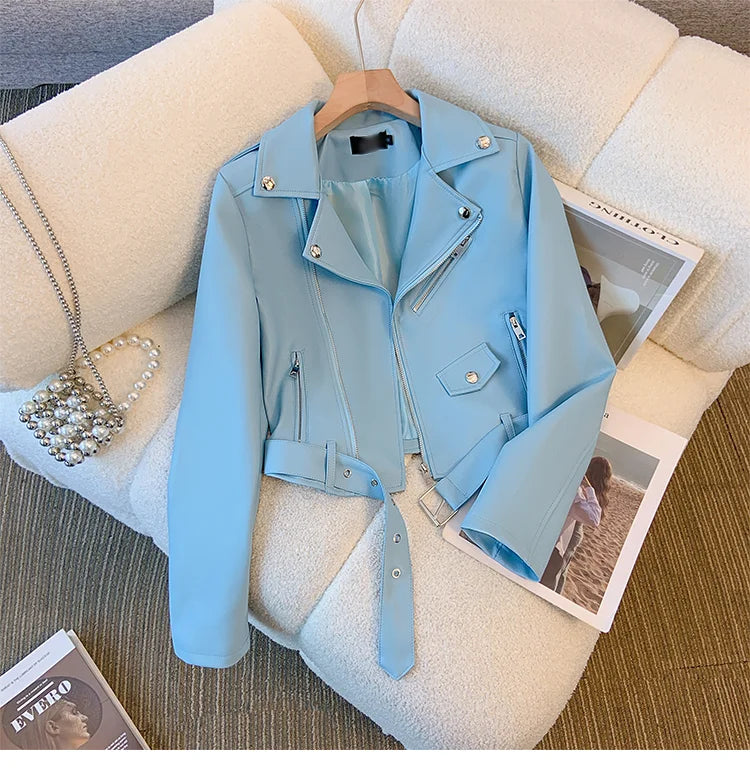 Blue PU leather jacket for women's spring autumn short Street style 2025 new retro motorcycle Leather Coat top