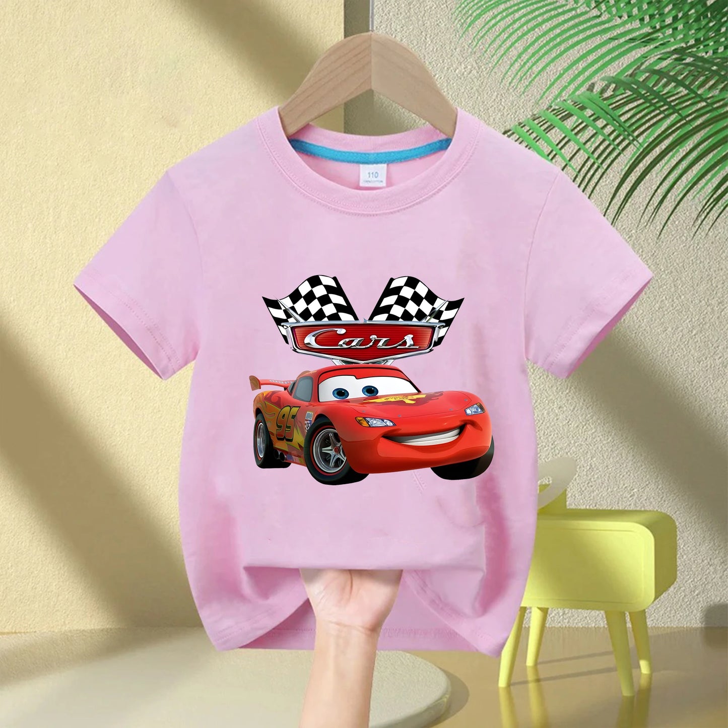 2025 Summer New Disney Cars Lightning McQueen around short-sleeved boys and girls summer 100% cotton all-match T-shirt clothes