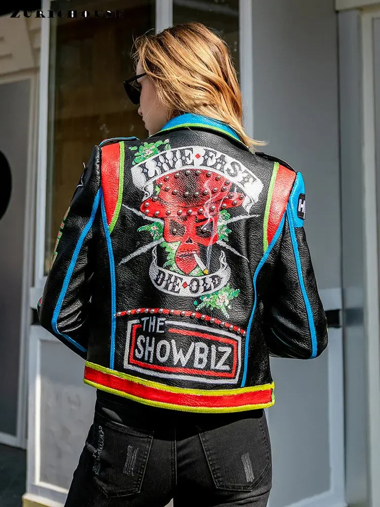 Candy Punk Streetwear Motorcycle Leather Jackets Women 2025 Trend Contrast Color Print Short Punk Studded Faux Leather Biker Jacket