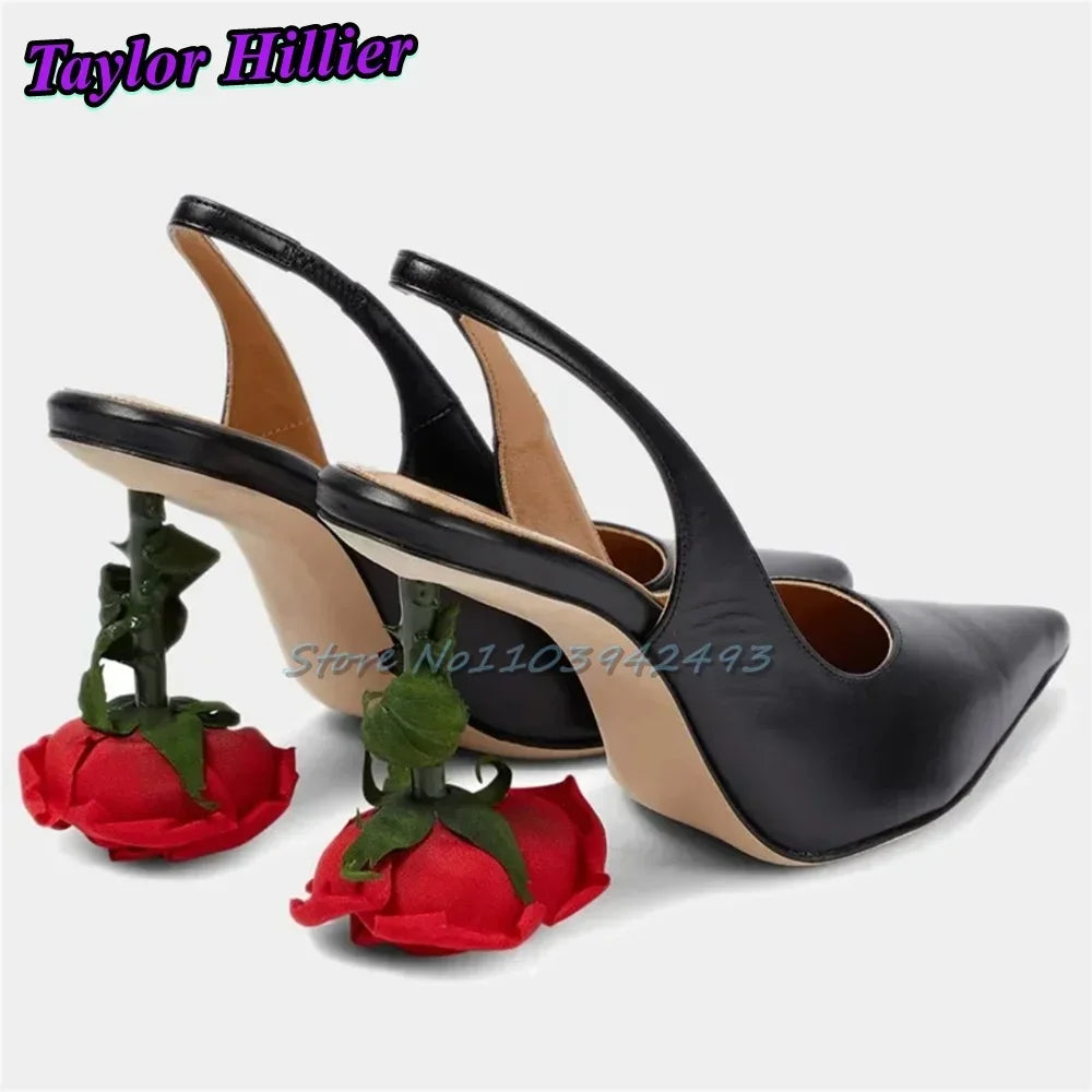 Sexy Rose Heeled Sandals Pointed Toe High Heels Red Blossom Strange Style Slingback Summer Shallow Solid Pull On Designer Shoes