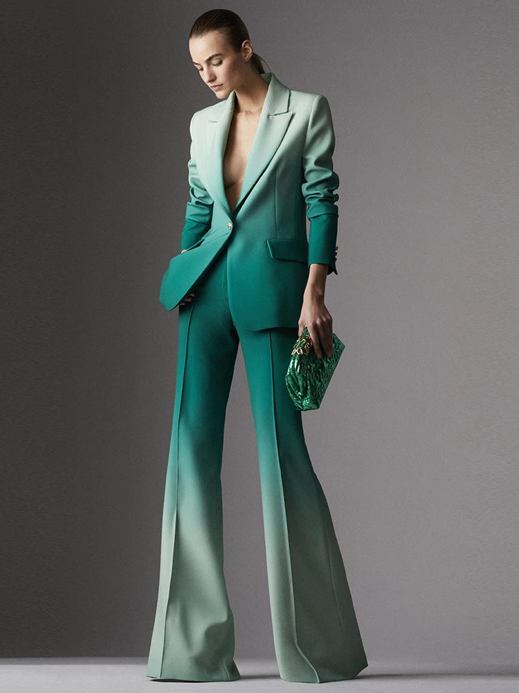 HIGH STREET Newest Fashion 2026 Designer Suit Set Women's Gradient Color Printed Single Button Blazer Flare Pants Suit 2pcs