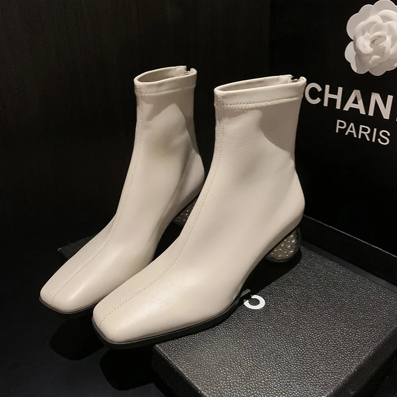 Stretchable Short Boots Women Square Toe Pearl Heels Young Ladies Fashion Ankle Boots Female Party Dating Shoes