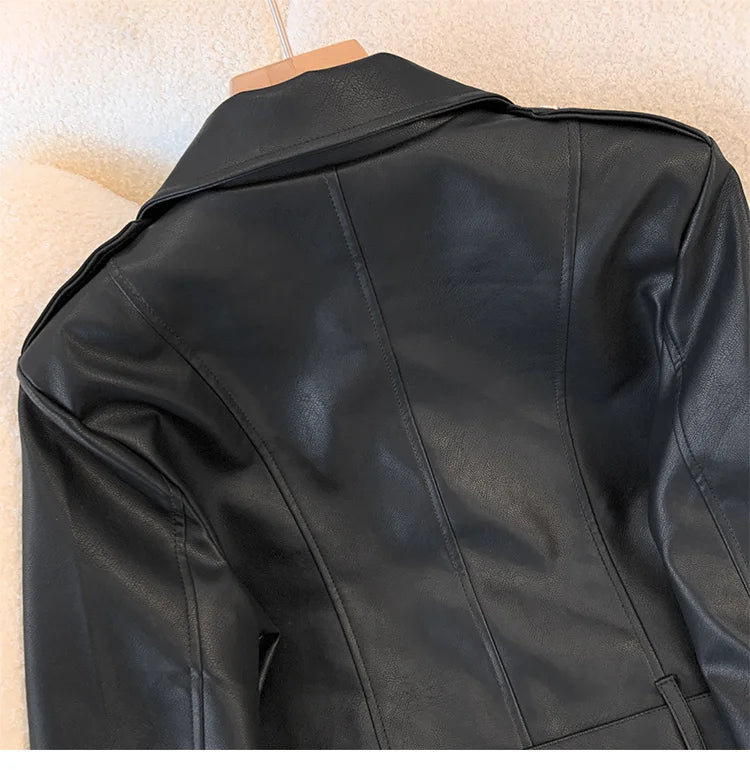 Blue PU leather jacket for women's spring autumn short Street style 2025 new retro motorcycle Leather Coat top