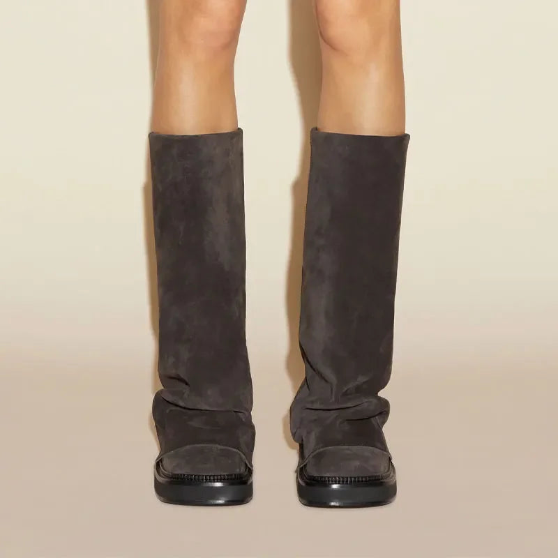 Women's Chunky Leather Flats & Knee Boots - Square Toe Loose Fit Spring-Autumn Casual Shoes with Pleated Pants