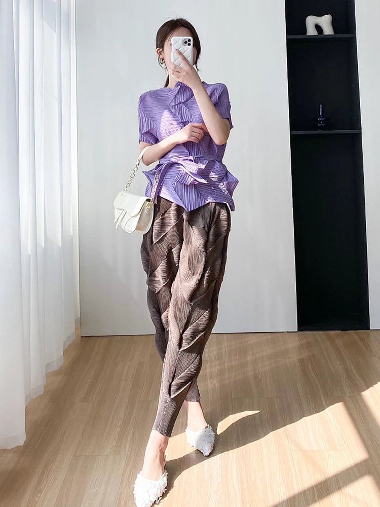 Miyake Pleated Pants Women Elastic Wiast 2023 New Summer Versatile Casual Pencil Trousers Solid Color Female Fashion  Pants