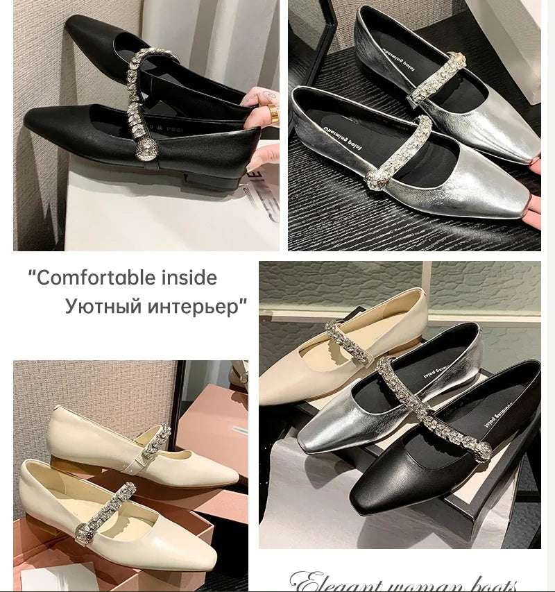 Ods Women Crystal Mules Flats Slippers Designer Sandals 2025 Dress Square-toe Leather Slides Summer Slingback Buckle De Mujer
