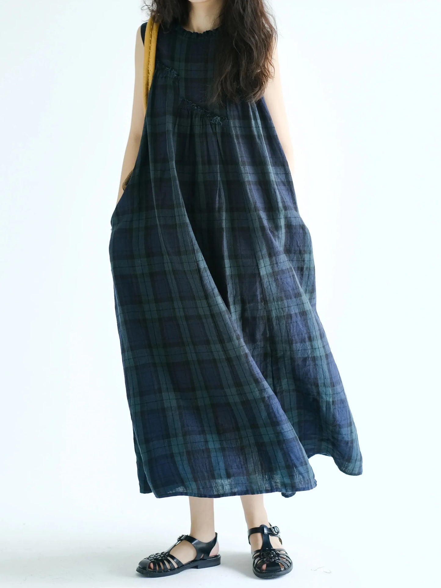 Summer 2026 Large Size Cotton Linen Plaid Vest Skirt Long Svel Dr Chest Splicing Wooden  Ear A-Line Dr