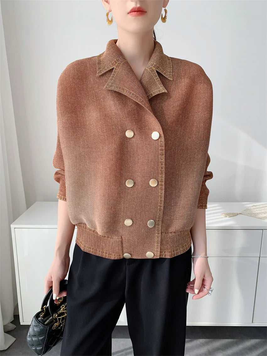 Miyake Women's Early‑Autumn Toothpick‑Texture Pleated Jacket, Relaxed‑Vibe Casual Outerwear, Slim‑Fitting Draping Commuter Top