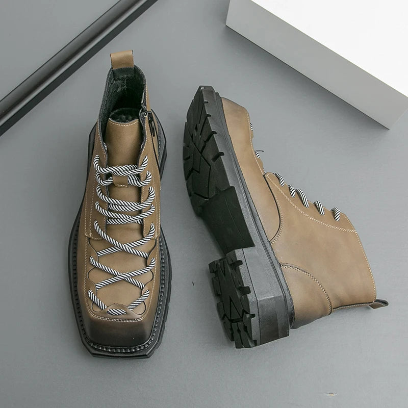 Autumn New Men Comfortable Lace Up Side Zipper High Top Leather Shoes Fashion Brand Round Toe Thick Soled Non Slip Outdoor Boots