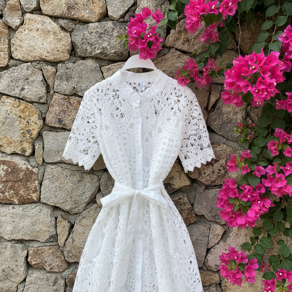 Summer Women Lace Sweet Sexy Dress Hollow Out Half High Collar Short Sleeve Single-breasted High Waist Slim Vintage Midi Dresses