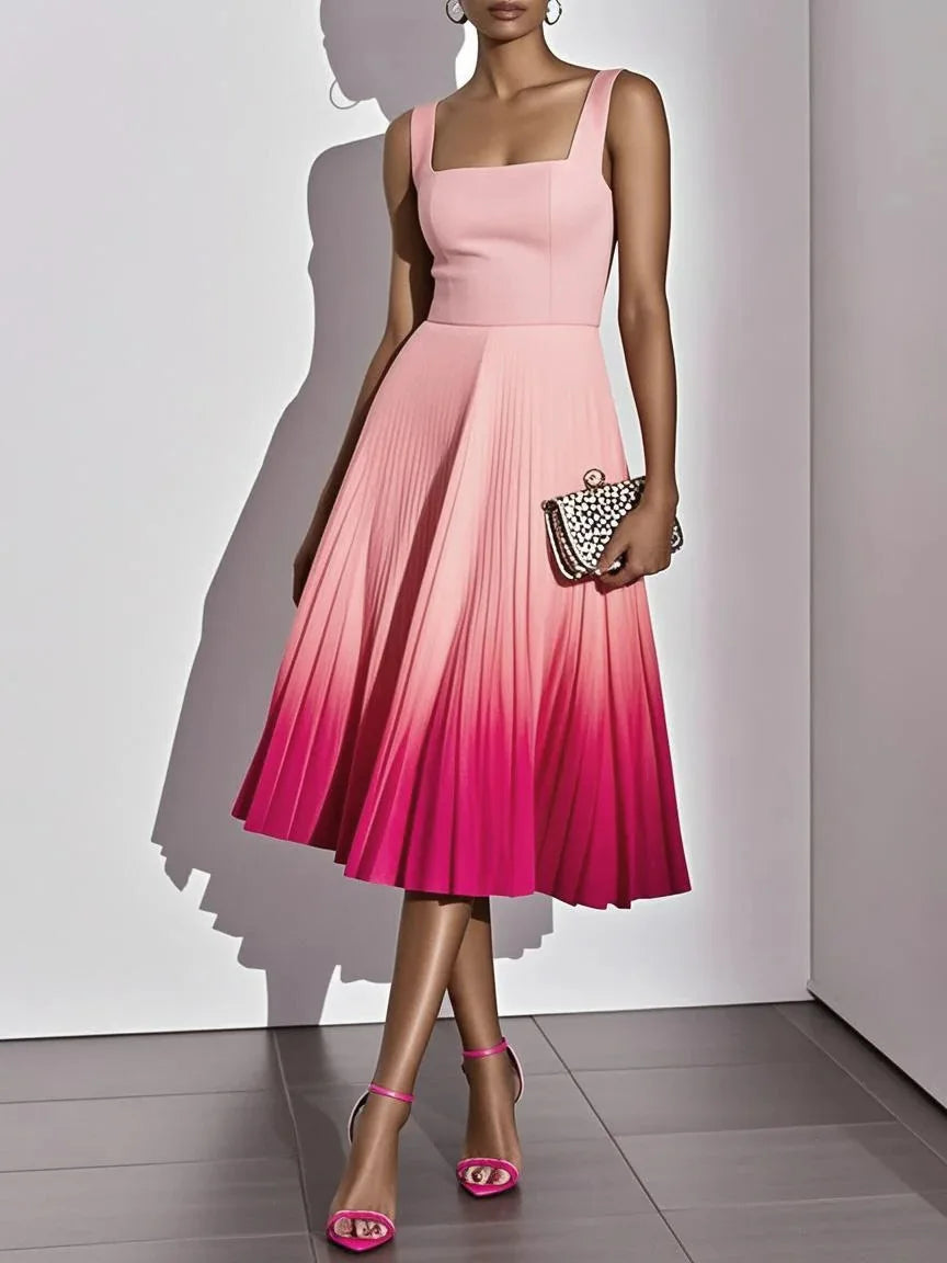 Square Neck Wide Strap Fitted Bodice Gradient Pleated Flared Midi Dress  A Line Elegant Cocktail Party Knee Length Gown
