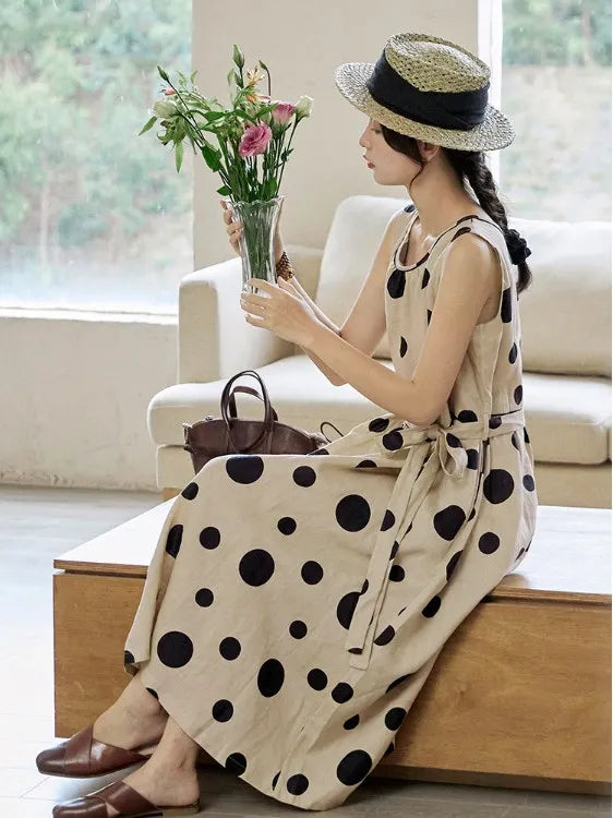 Faionable Polka Dot Svel Vest Dr Women's Summer Loose Forest System A-Line Midi Skirt Slimming Midi Dr