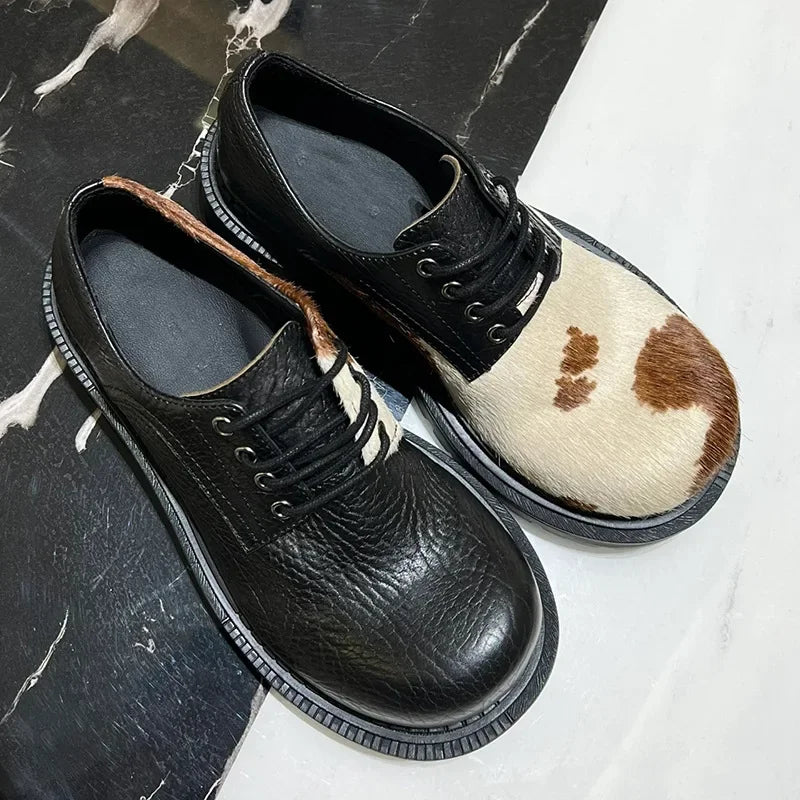 2025 Horsehair Debi  Same Men and Women Milk Mandarin Ducks Small Leather Lace-up Thick Heel Platform Soft Single Casual Shoes