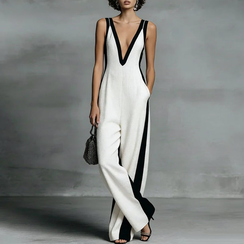Women's Sexy Deep V Neck Wide Leg Pants Jumpsuit Spring Elegant Striped Print Patchwork Romper Summer Sleeveless Zipper Overalls