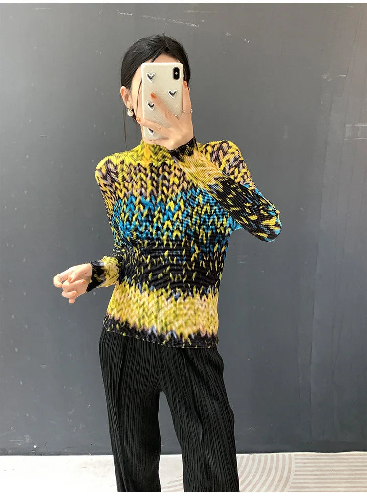 Miyake Pleated 2026 Spring and Summer New Fashion Tops Women's Long-sleeved Half-high Collar Printed T-shirt Bottoming Shirt