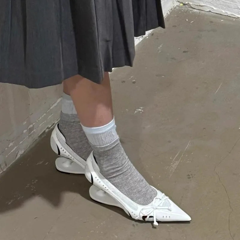 Special Heel Spliced Heels Pointed Toe Heels Women's Fashion Shallow Mouth Bow Non-Slip Mary Jane Single Shoes