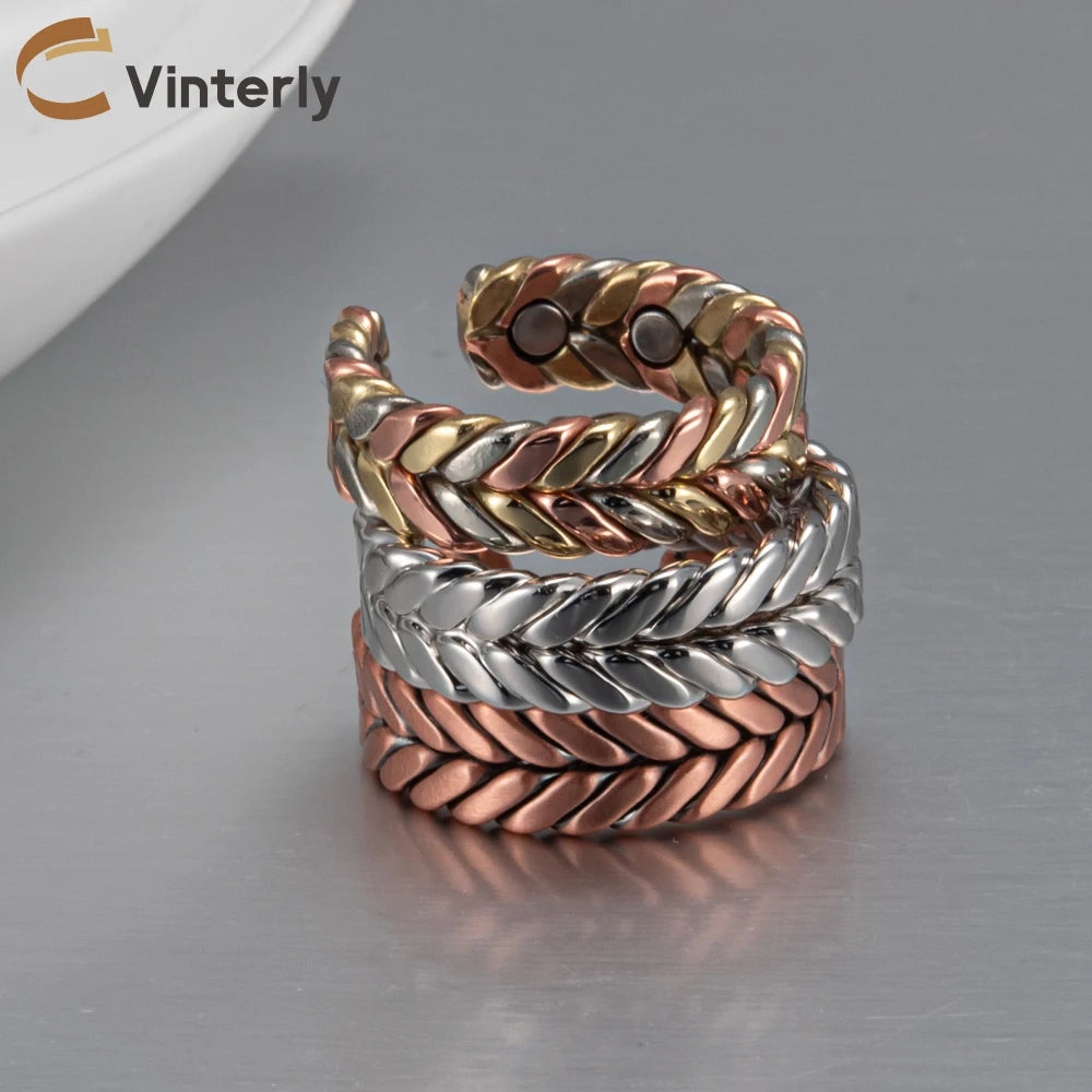 Vinterly Pure Copper Rings Magnetic Health Energy Braided Twisted Finger Open Cuff Adjustable Wedding Bands 7.3mm Wide Jewelry