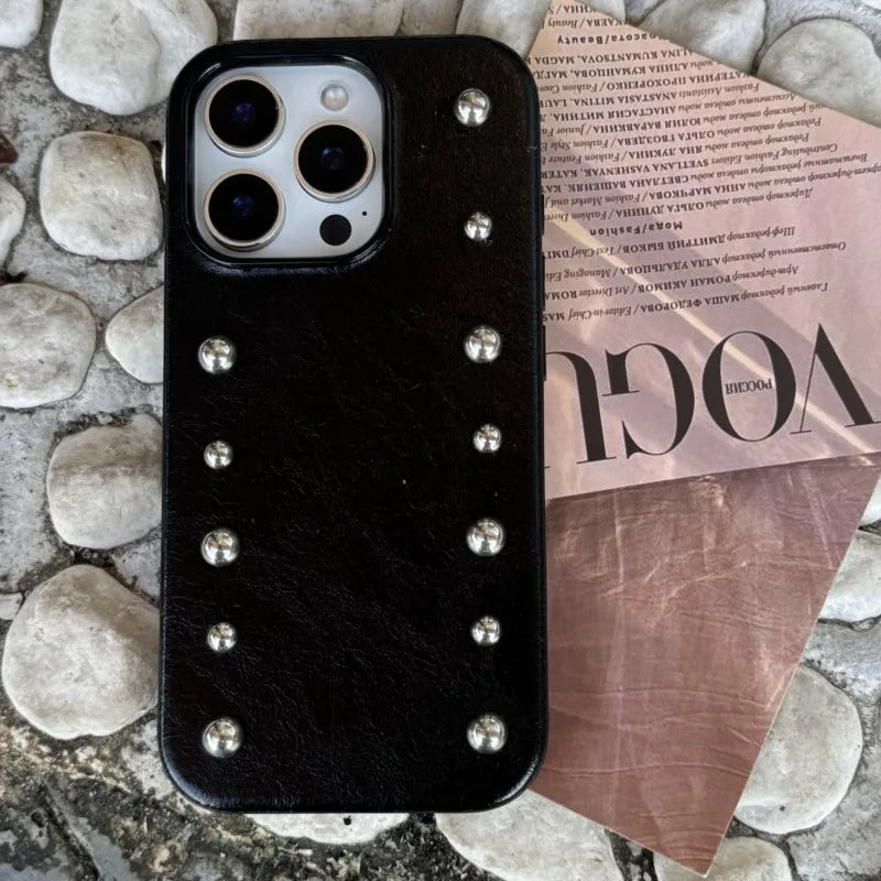 Chic iPhone case Personality Advanced Silver round Rivet Solid Color Leather Shock Proof Phone Cover for iPhone 17Promax 16 15 14 13 Pro Max Case
