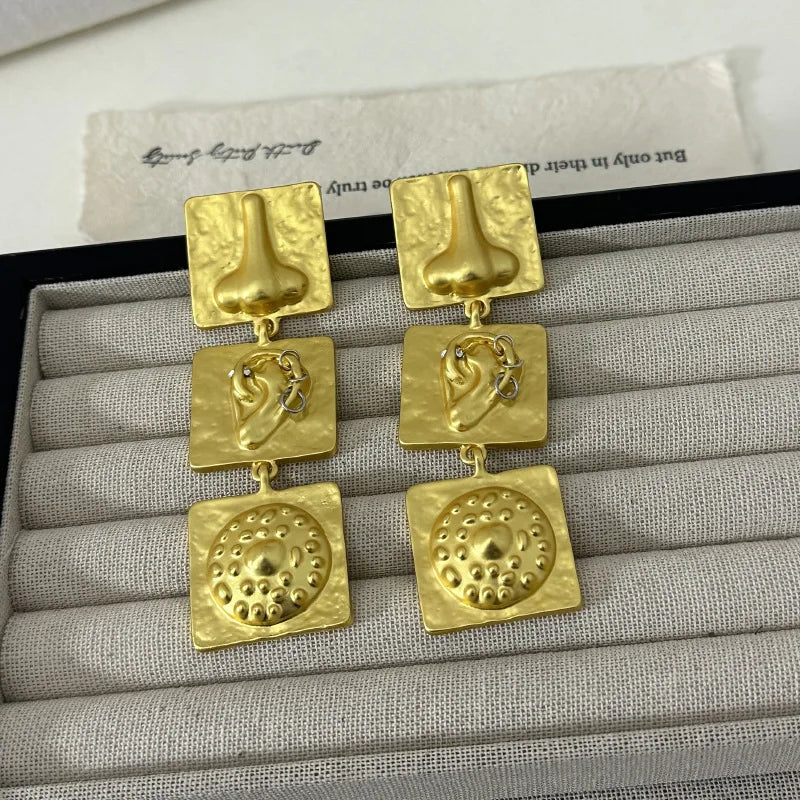French Retro Embossed Nose And Ear Square Patchwork Earrings Unique Fashionable Earrings Women Trendy Jewelry Accessories