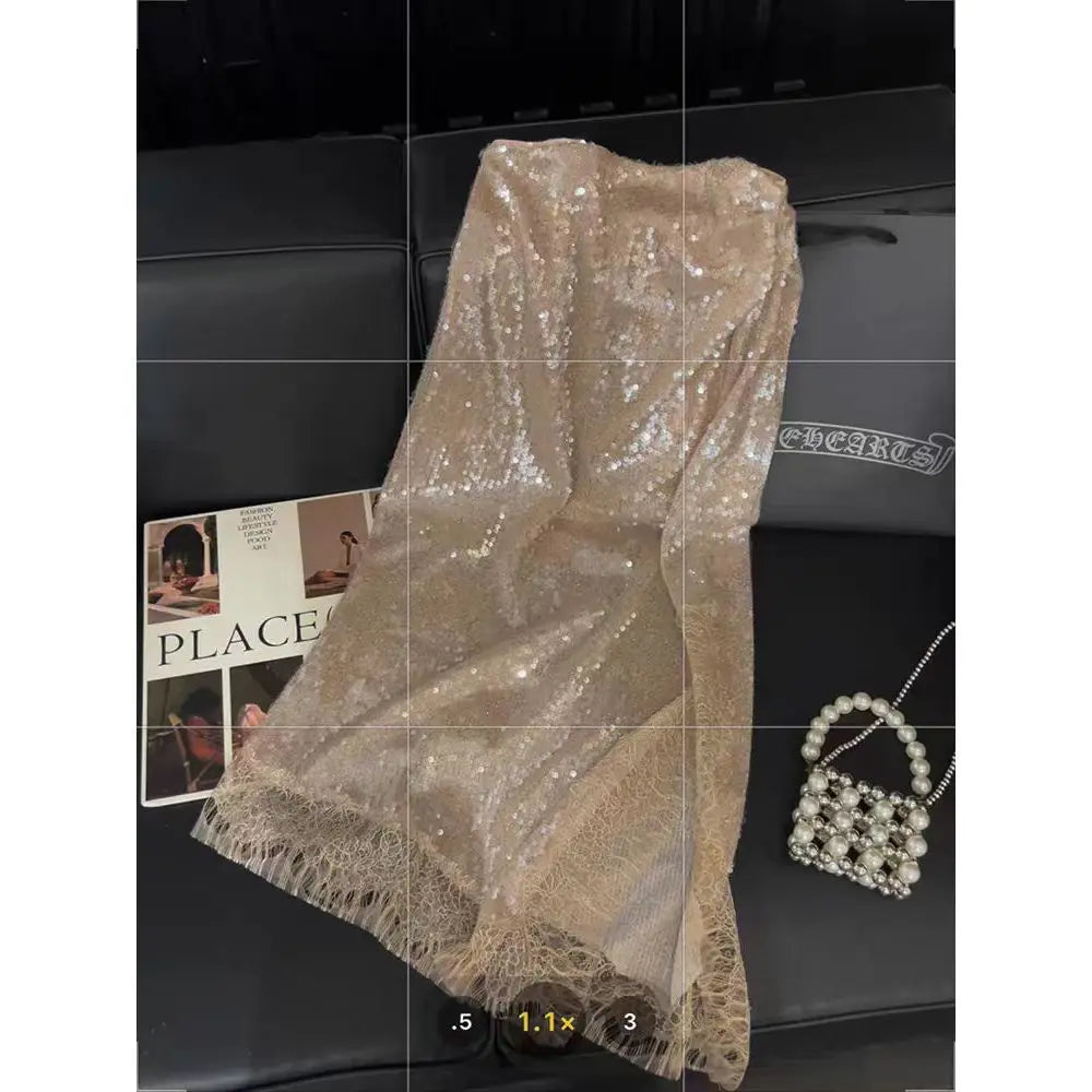 Vintage Sequin Shiny Club Party Skirt For Women Elegant Lace Patchwork Midi Skirts Office Fashion Folds Slim A-Line Skirt 517A