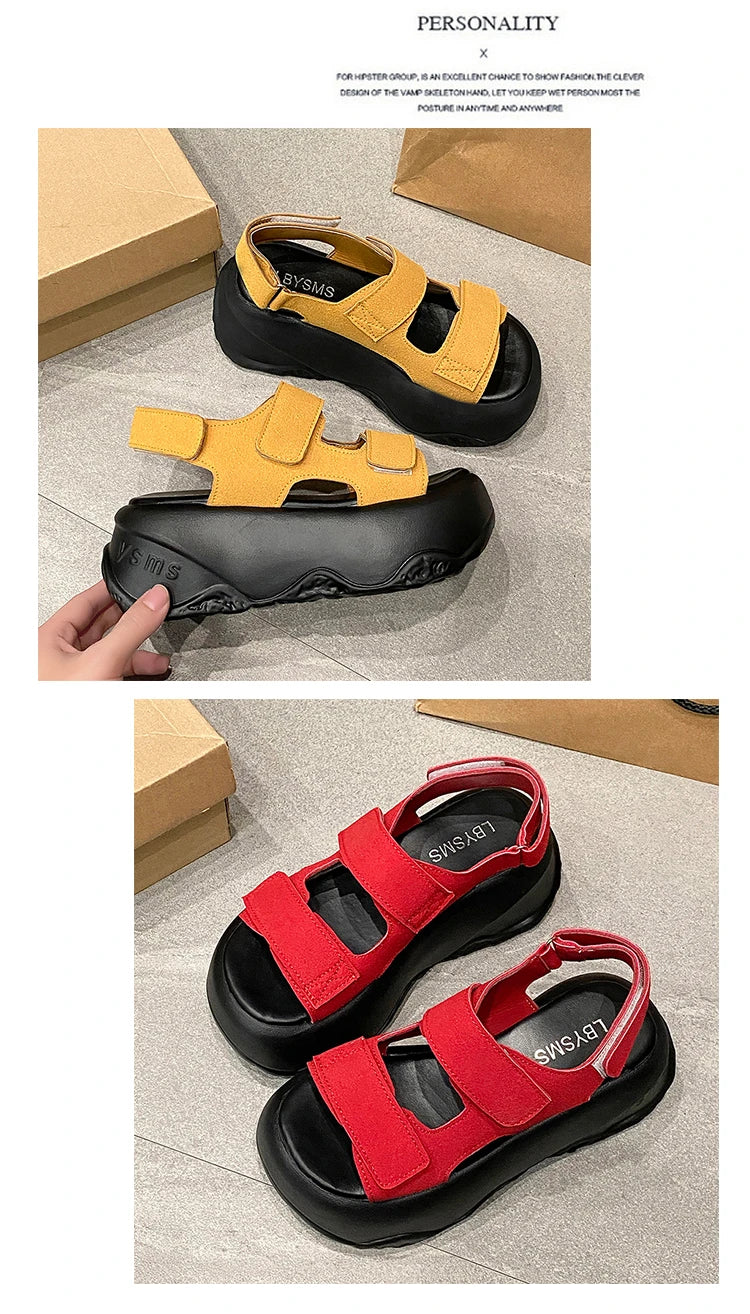 7CM High Platform Leather Sandals Women New Summer Breathable High Heels Ladies Beach Sneakers Wedges Chunky Slippers Sandalias